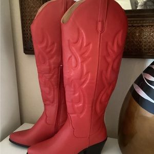Beautiful Red Cowgirl Boots, Knee High with Chunky Heels, Side Zippers